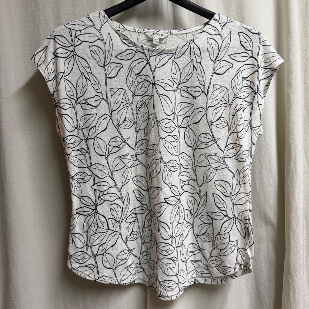 Orvis Classic Collection Women White Black Leaf Print Linen Blend Top Small